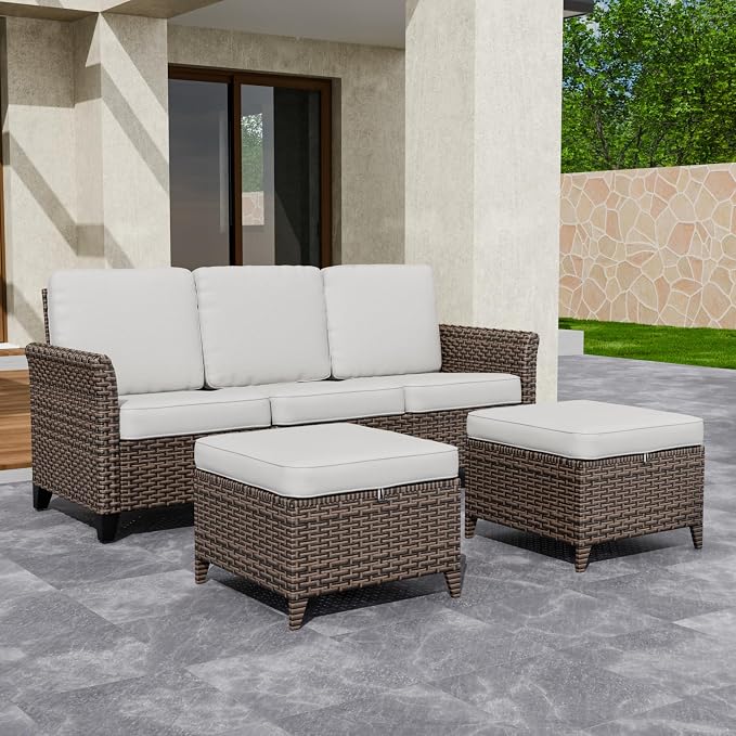 COOS BAY Harbor Retreat 3 Piece Outdoor Furniture Set, Patio Conversation Set with 3 Seat Couch and Ottomans, Wicker Furniture, Brown/Beige
