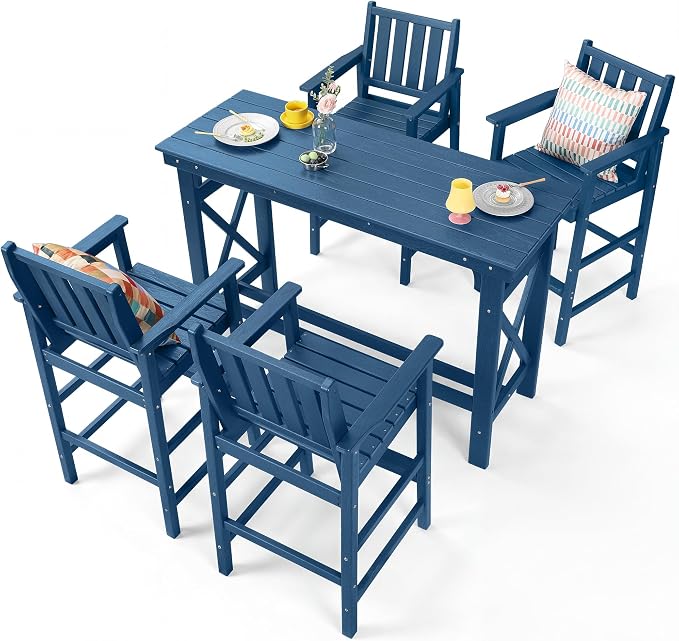 5-Piece Outdoor Bar Table and Chairs Set, HDPE Counter Height Patio Dining Table with 4 Adirondack Bar Chairs, Adirondack Bar Height Chairs and Bar Table for Bistro, Poolside, Backyard, Blue