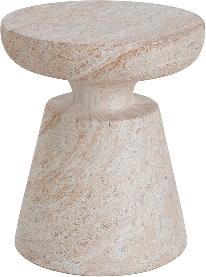 Outdoor Side Table Faux Marble End Table Faux Stone Side Tables Travertine Small Coffee Tables for Indoor Outdoor, Garden Stool Plant Stand for Porch, Backyard Patio, 17.75*17.75*20.5-Hourglass,Beige
