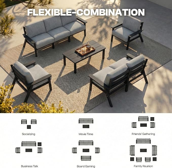 8 Piece Patio Furniture Set, HDPE Sectional Sofa Seating for 7, Includes 3-Seat Sofa, Loveseat, 2 Armchairs, Coffee Table, All-Weather Outdoor Conversation Set with Olefin Fabric, Black/Grey