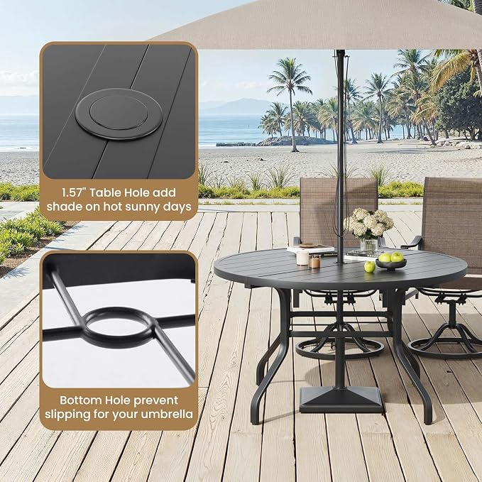 HRVEOCEI 47" Outdoor Round Table with Umbrella Hole, Metal Patio Dining Tables for Lawn Garden, Wood-Like Grain Bistro Table Outdoor for Backyard,Poolside,Deck,Por (Black, Round)