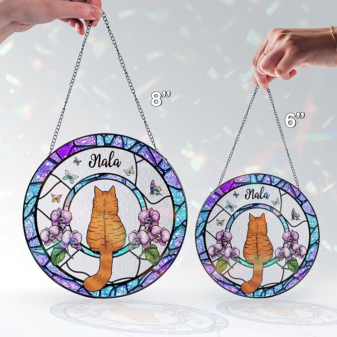 Personalized Cat Stained Glass Suncatcher, Custom Name Pet Photo Memorial Ornament, Window Hanging Sympathy Gift for Loss of Pet, Cat Bereavement Keepsake, Remembrance Gift for Pet Lovers