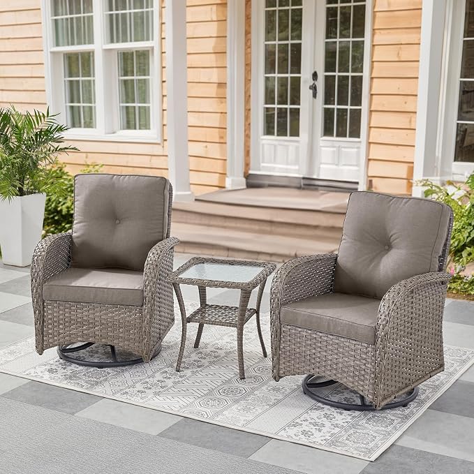Belord Swivel Patio Chairs Wicker Set - Outdoor Swivel Rocker Chair with Side Table, 3 Piece Patio Glider Chairs Furniture Set with Water-Resistant Cushions for Deck Porch Sunroom Grey Cushion