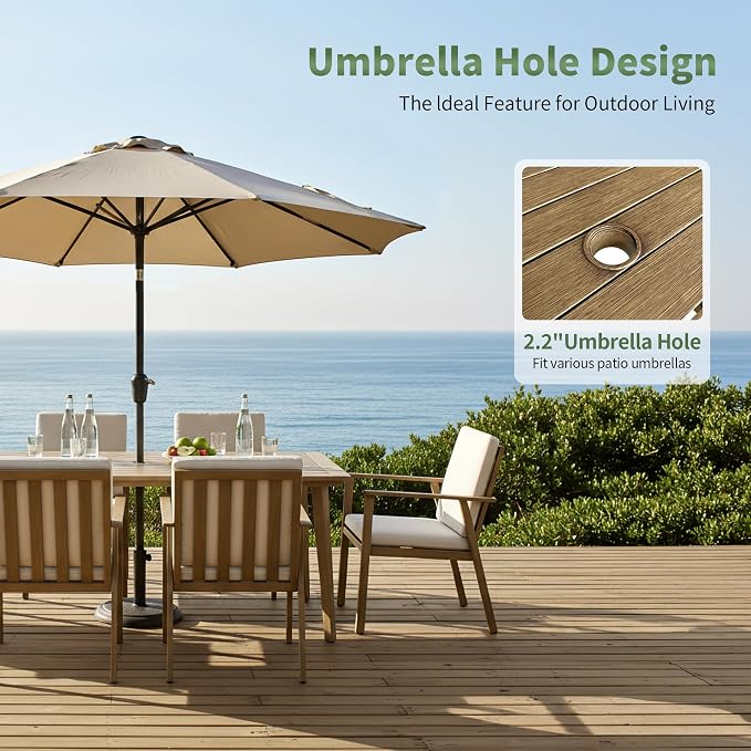 9 Pieces Patio Dining Set for 8, Aluminum Outdoor Dining Table Sets with Umbrella Hole, Modern Outdoor Patio Furniture Set with 8 Chairs and Table for Backyard, Poolside and Deck,Teak