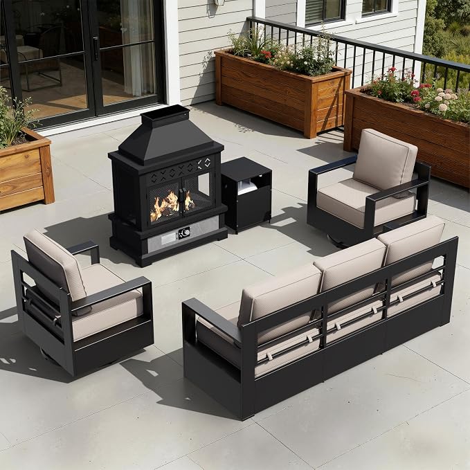 Outdoor Aluminum Furniture Set, 4-Piece Patio Conversation Set, 2 Swivel Chairs, 1 Sofa and 1 Fireplace, All-Weather Metal Frame, 6" Thick Removable Cushions, Deep Setting for Garden and Porch