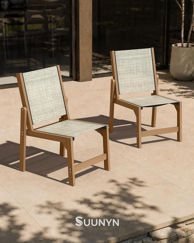 Patio Stackable Chair, HDPE Armless Outdoor Dining Chairs with Wide Seat, All-Weather Textilene Oversized Porch Chair for Garden, Poolside, Backyard, Deck | Teak
