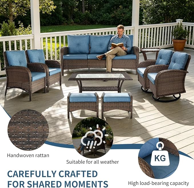 Outdoor Swivel Rocker Patio Chairs (Brown Wicker/Blue Cushion, 9PC/Sofa & Swivel & Chair &2 Table& Ottomans)