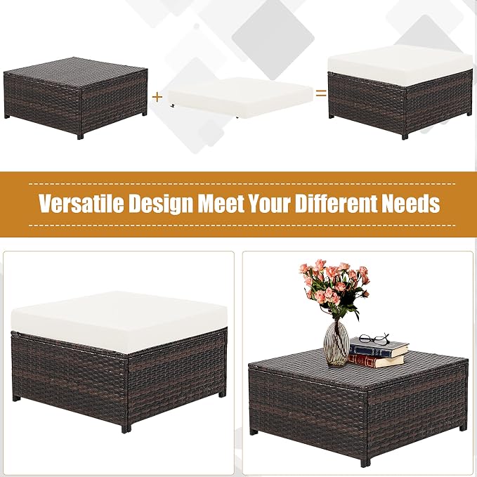DORTALA 5-Piece Outdoor Patio Conversation Set, Loveseat and 2 Ottoman, Outdoor Sectional Rattan Sofa Set, Multifunctional Rattan Furniture Set Suitable for Backyard Garden Poolside Balcony, White