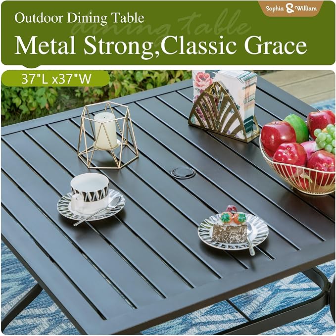 Sophia & William Patio Dining Set 5 Piece Outdoor Table Furniture Set - 4 Padded Swivel Dining Chairs and 1 Square Metal Table with Umbrella Hole for Garden Deck Backyard