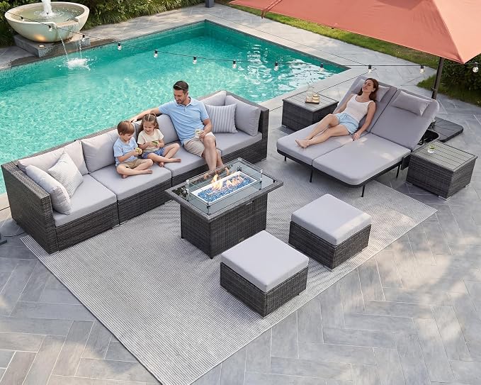 NICESOUL 11 Piece Sectional Outdoor Set with Firepit Loungers, Modern Large Backyard Seating with Fireplace, 29.3'' High-Back Patio Couch Sofa, All-Weather Wicker Furniture Sets for Deck, Light Grey