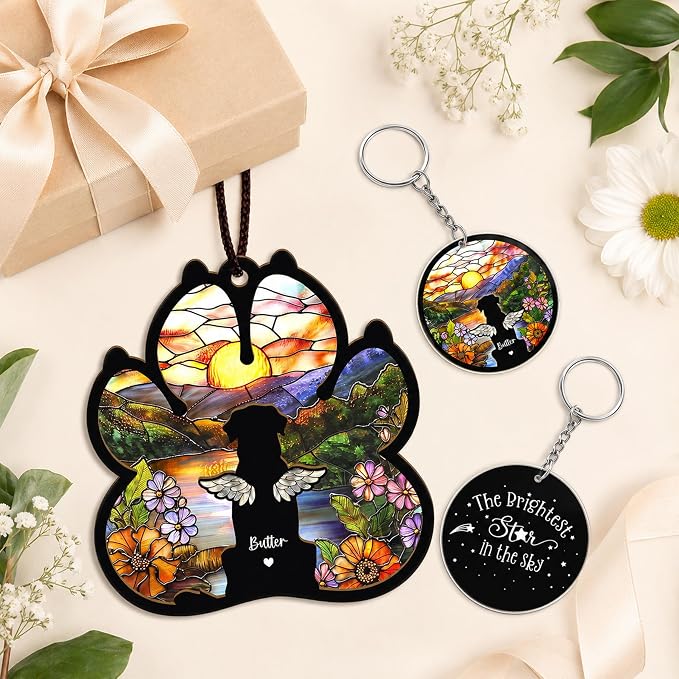 Personalized Pet Memorial Suncatcher, Custom Dog Cat Memorial Window Hanging with Photo & Name, Stained Glass Style Memorial Suncatcher, Rainbow Bridge Sympathy Gift for Pet Lovers