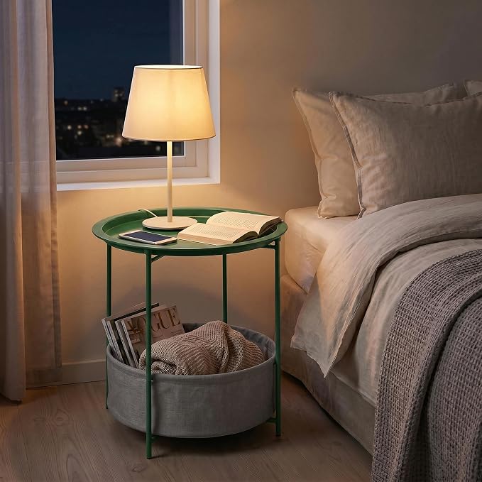 VECELO Round Side/End Table with Fabric Storage Basket，Metal Anti-Rust and Waterproof Small Bedside Nightstand with Removable Tray Top for Living Room，Balcony & Laundry，Dark Green /2pcs with Basket