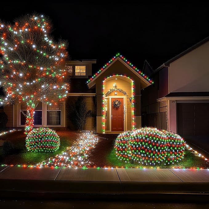 BlcTec Outdoor Christmas Lights 360 LED 9.8ft x 6.6ft Christmas Net Lights with 8 Modes, UL Certified, Timer, Connectable, Waterproof for Bushes, Shrubs, Yard Outdoor Decorations, Red White Green