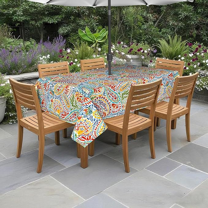 DYTXIII Outdoor Rectangle Tablecloth with Umbrella Hole and Zipper 84" x 60", Water Repellent Floral Picnic Cover, Fade & Wrinkle Resistant Tablecloth for Patio/Garden/Party Table, Paisley Multi