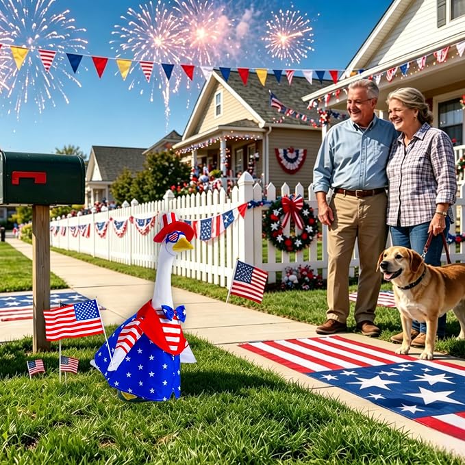 Uncle Sam Porch Goose Outfit for 23" Cement Goose, 4 Pcs 4th of July Patriotic Goose Clothes with Tall Hat, Eye mask,Flag, Patriotic Lawn Yard Decor for Independence Day