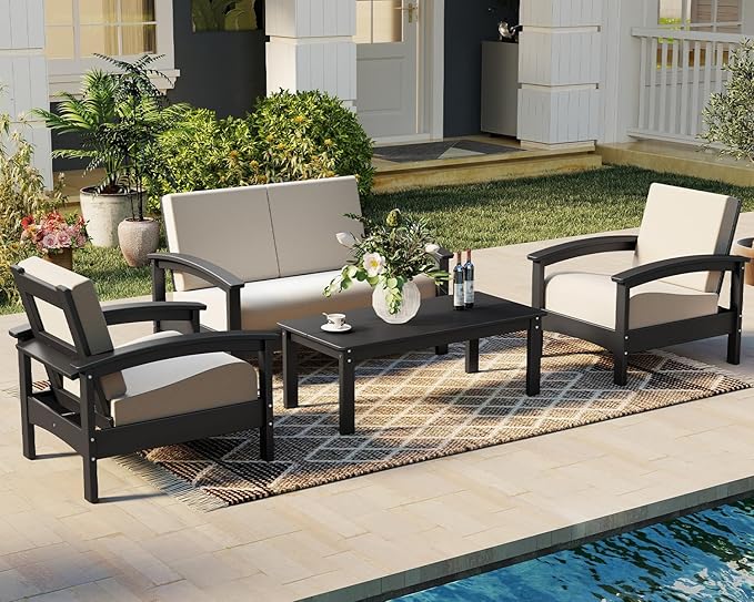 GREENVINES Deluxe 4-Piece Patio Furniture Set | HDPE Plastic | Outdoor Sectional Conversation Sets | All-Weather Couch | Sofa with Coffee Table | Black Frame w/Beige Cushion | for Porch Lawn | Black