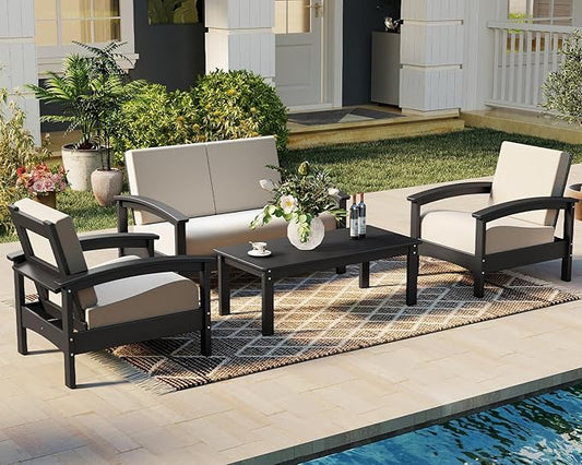 GREENVINES Deluxe 4-Piece Patio Furniture Set | HDPE Plastic | Outdoor Sectional Conversation Sets | All-Weather Couch | Sofa with Coffee Table | Black Frame w/Beige Cushion | for Porch Lawn | Black