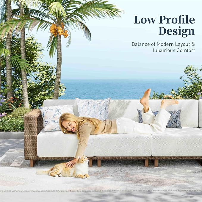 SUNSHINE VALLEY Patio Furniture Set with Swivel Chairs & Firepit, 5 Pieces Outdoor Wicker Conversation Set with 10" Thick Cushions for Deck Lawn Garden Backyard