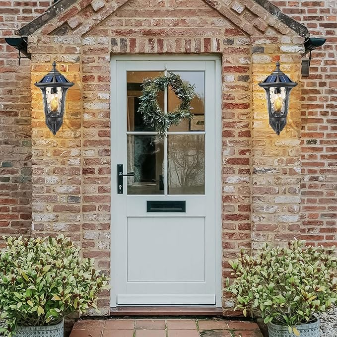Outdoor Light Fixtures Wall Mount Dusk to Dawn Solar Exterior Wall Sconce Lanterns Remote Control with Water Ripple Glass Lamp Shade for Patio Yard House Hallway, 17'' Medium Black