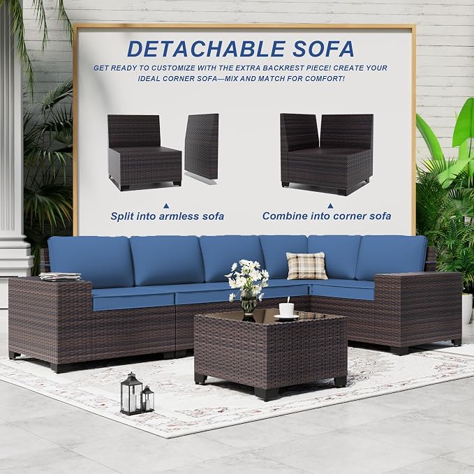 Outdoor Patio Furniture Set, 12 Pieces Outdoor Sectional Furniture High Backrest Patio Set, All-Weather PE Rattan Patio Conversation Set w/Coffee Tables & Cushions-(Dark Blue)