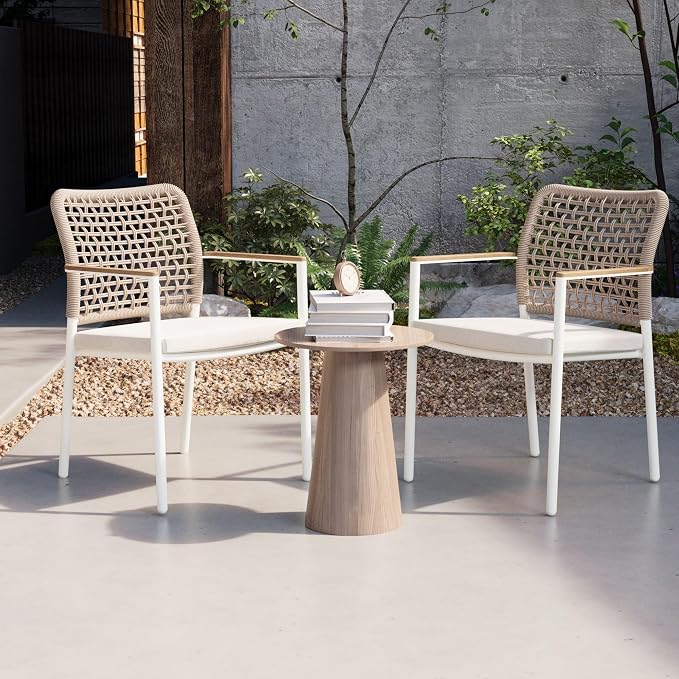 Modern Shade Riviera Outdoor Dining Chairs Set of 2, Fade Resistant, All-Aluminum Woven Rope Outdoor Chairs with FSC Teak Wood Armrests, Weather-Resistant Patio Chair with Quick Dry Cushion, Beige