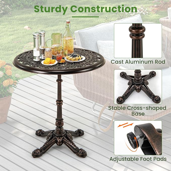 HAPPYGRILL Outdoor Dining Table 27", Cast Aluminum Patio Table with Hollowed-Out Tabletop, Carved Cross Base, Round Outdoor Side Table for Yard, Balcony, Garden, Poolside
