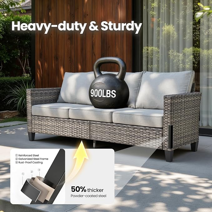 5 Piece Wicker Patio Furniture with Swivel Rocker Chair, Gray | High Back Swivel Rocker Chairs, All Weather Rattan Outdoor Sofa, Solar Lights Table, Modern Conversation Sets, Deck Backyard