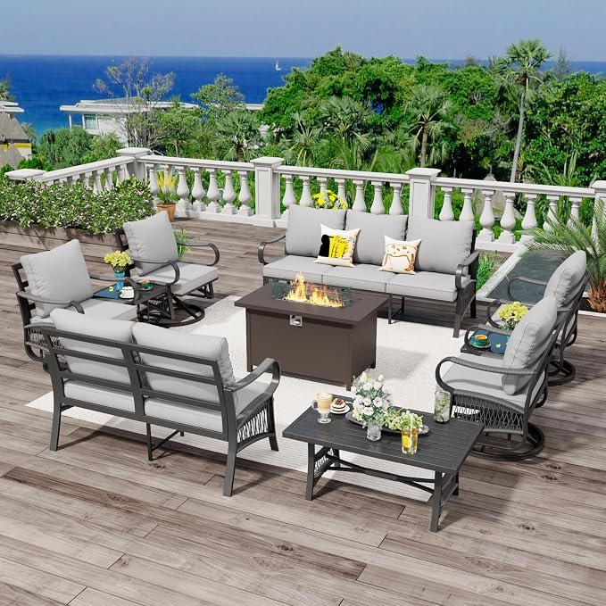 10 Piece Patio Furniture Set, All Weather Metal Outdoor Conversation Set with 50000 BTU Propane Fire Pit Table and 5" Thick Cushions, Sectional Sofa for Garden, Porch, Lawn, Grey