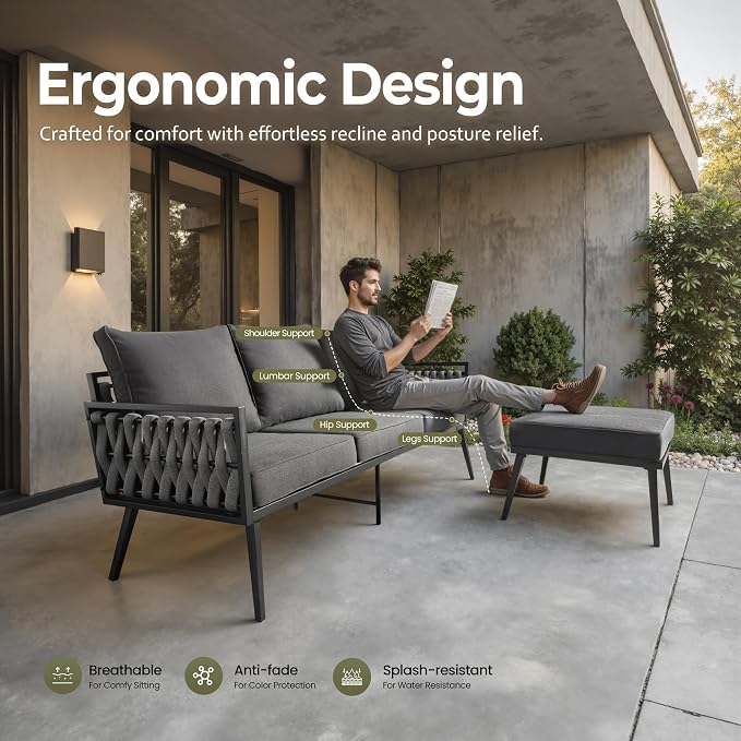 Outdoor Patio Furniture Set, 6-Piece Metal Conversation Furniture Sofa with Coffee Table, All Weather Patio Couch Sofa with Thick Cushions for Balcony Backyard,Black