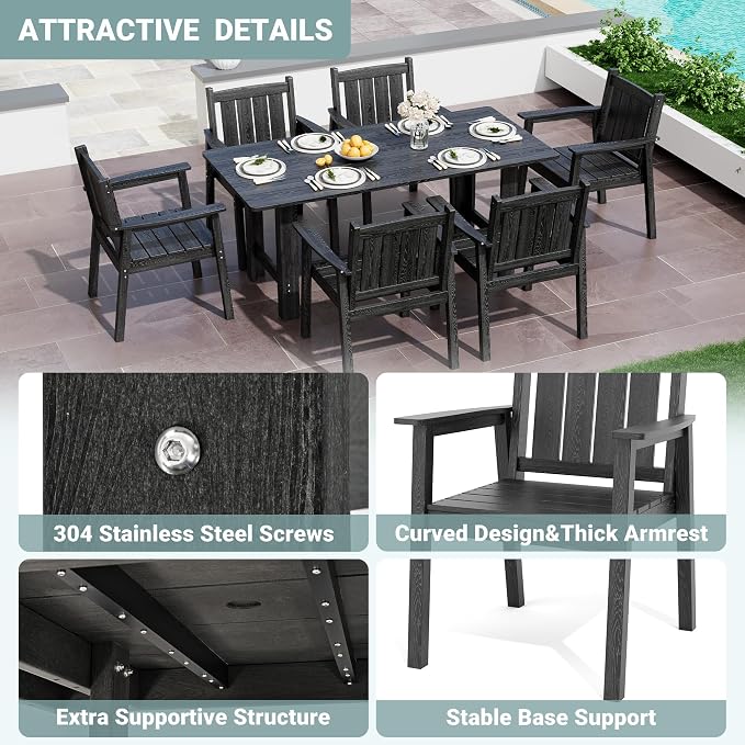 Pamapic 7 PCS Outdoor Dining Set, Spacious HDPE Outdoor Table and Chairs, Wood Grain Patio Furniture Sets with Elegant Armrest, All-Weather Patio Dining Table with Umbrella Hole, Black