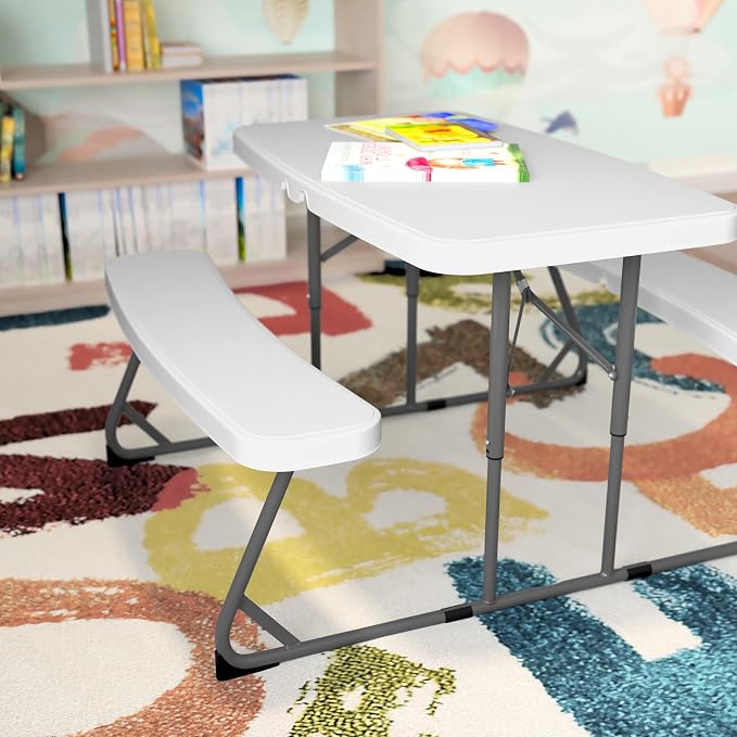BizChair Easy-Fold Kids Outdoor Picnic Table and Benches - Commercial Grade Folding Plastic Play Table - Recommended for up to Age 5 - White