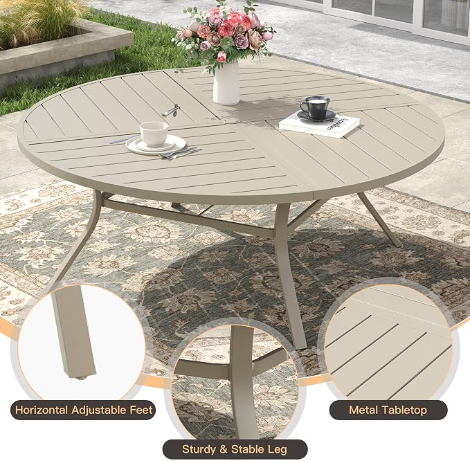 Outdoor Dining Set for 8, 60.1" Outdoor Dining Table with Umbrella Hole and Padded Textilene Patio Swivel Chairs, 9 Pieces Patio Table and Chairs Set for Garden Backyard, Sandshell