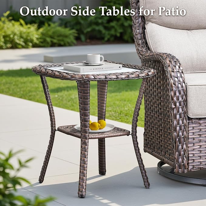 Luxury Outdoor Swivel Rocker Patio Chairs-3 Piece Wicker Patio Rocking Chairs Set of 2 with Glass Side Table 6" Thick Cushions High Back Outdoor Furniture Sets for Deck Porch Balcony(Brown/Beige)