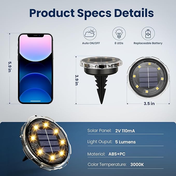 SOLPEX Solar Ground Lights Outdoor, Pathway Lights 12 Pack Warm White | IP65 Waterproof Landscape Lighting for Walkway, Driveway, Pathway, Garden, Backyard Decor- Transparent Lampshade