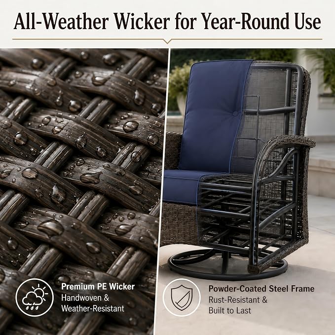 HUMMUH 3-Piece Patio Swivel Rocker Chairs Set with Glass Side Table | 360 degree swivel gliding, 4-inch thick sponge cushions, 250 lbs weight capacity, hand-woven pe wicker