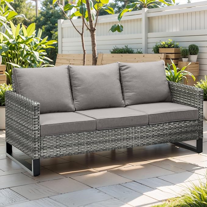 Luxury Wicker Outdoor Couch Patio Sofa - 3 Seater Rattan Outdoor Patio Couch Water Resistant,Comfortable Cushions and Sturdy Metal Frame for Outside Porch Deck Backyard Garden(Mixed Grey/Grey)