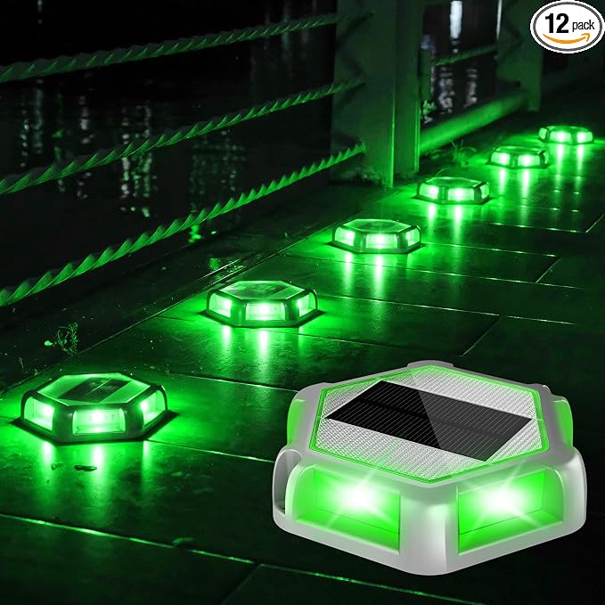Green Solar Dock Lights Driveway Deck Lights - 12 Packs Waterproof Outdoor LED Aluminum Dock Lighting Warning Step Light for Driveway Sidewalk Garden Pathway Yard
