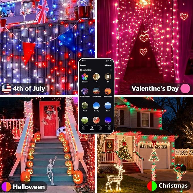 Smart Color Changing Christmas Halloween Tree Light String 66 FT 200 LED | App and Remote Controlled,Music Syn, 16M Multicolors and Multi Modes, Timer, IP44 Waterproof Indoor Outdoor RGB Xmas lights