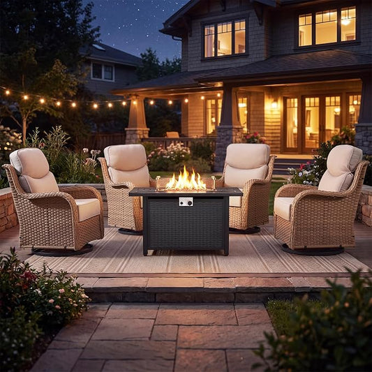 Luxury High Back Patio Furniture Set with Fire Pit Table & 6-Inch Thick Cushions, 5-Pieces Outdoor Furniture w/ 4 Swivel Chairs, Wicker Conversation Set for Porch, Balcony, Deck and Yard, Yellow/Beige