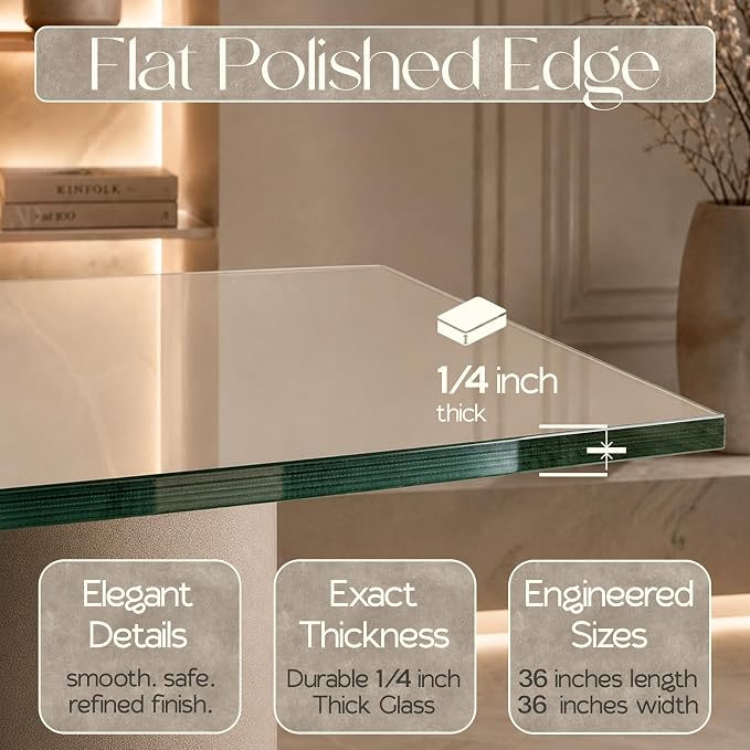 36 inch Square 1/4" Thick Flat Polished Edge Glass Table Top with 6 Bumpers - Tempered, Scratch Resistant & Safety Replacement Glass Designed for Dining, Coffee, Patio & End Tables