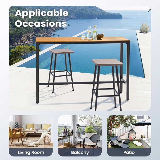 Outdoor Bar Table 55" All-Weather Patio Bar Table with Metal Frame and Waterproof Wood-Like Tabletop Outdoor Console Table for Balcony Yard Garden Bistro Hot Tub Use(Brown)