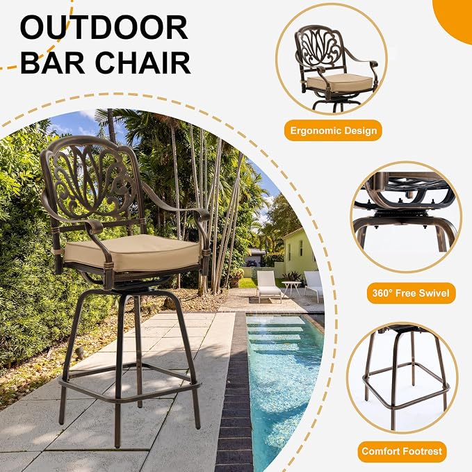 3-Piece Cast Aluminum Outdoor Bar Set, 31.5" Round High Top Patio Table & 2 Swivel Barstools with Cushions, Antique Bronze Rustproof Bistro Set for Balcony, Poolside & Deck