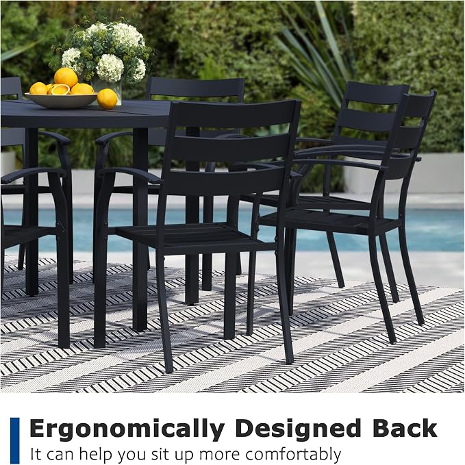 9 Pieces Outdoor Dining Set for 8, 60" Black Metal Round Outdoor Dining Table and 8 Black Metal Stackable Patio Chairs with Arm, Patio Table and Chairs Set for Lawn Garden Backyard