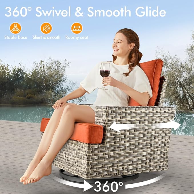 9 Pcs Outdoor Sectional Patio Furniture Set with Fire Pit Table and Swivel Rocking Chairs - All Weather Wicker Modular Outside Sectional Couch,Patio Seating Outdoor Conversation Sets,Orange Red