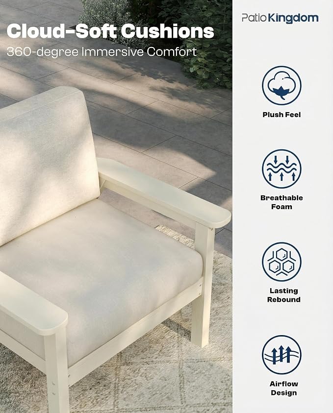 7 Piece Patio Conversation Sets, Outdoor Couch with Washable Thick Beige Cushions, HDPE Patio Furniture Set with 12FT Umbrella, Outdoor Sectional Furniture for Backyard (White Frame)