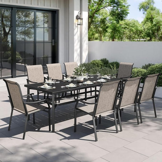 PHI VILLA Patio Dining Set for 8 w/Metal Table & Textilene Chairs | 9 piece, Rectangle, Weather-resistant, Breathable & quick-drying, Umbrella hole, for patio deck backyard