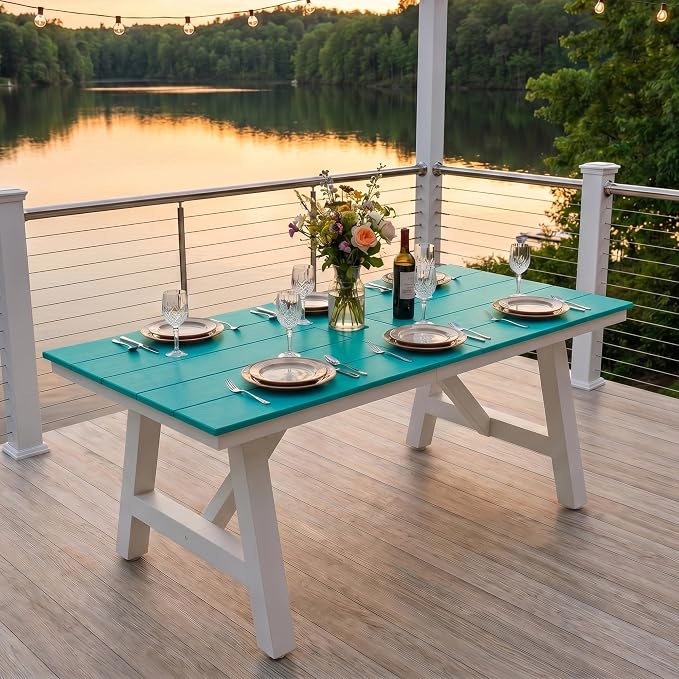 Costaelm Outdoor Dining Tables for Patio, 72" Rectangle 6-Person HDPE Dining Table with Umbrella Hole and Metal Frame for Outside, Garden, Poolside, Backyard, Porch, Balcony, Turquoise