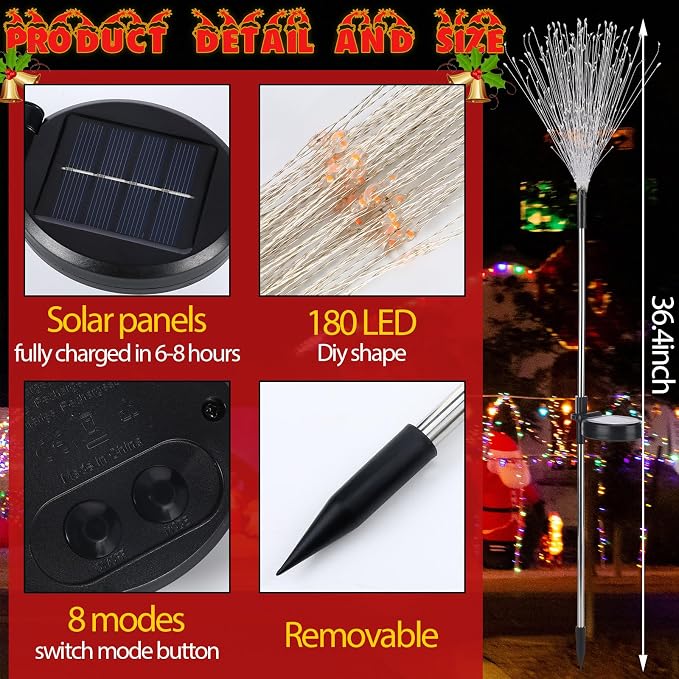 Tujoe 9 Pcs Christmas Solar Firework Stake Lights 180 LED 8 Modes Solar Waterproof LED Sparkler Lights Outdoor Decoration for Garden Patio Yard Pathway Walkway Lawn (Red Green White)