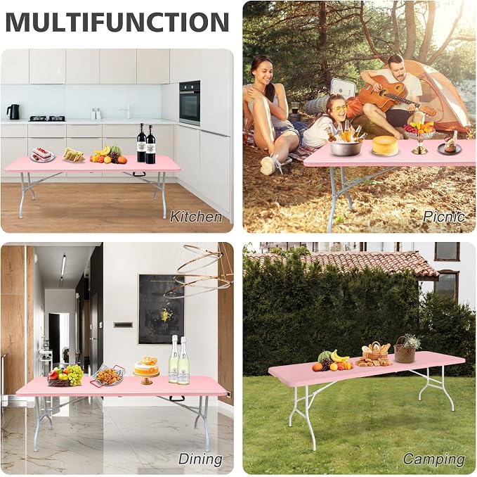 Portable 8Ft Folding Table, Heavy Duty Plastic Fold-in-Half Utility Foldable Dining Table, Multi-Purpose Plastic Folding Table with Carrying Handle for Camping and Party Indoor/Outdoor (Pink)