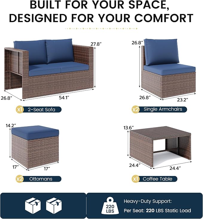 Amopatio Patio Furniture Set, Space-Saving Nestable All-Weather Wicker Outdoor Conversation Sofa Set with Glass Coffee Table, Cushions & Ottomans for Deck Backyard Porch Lawn Navy Blue